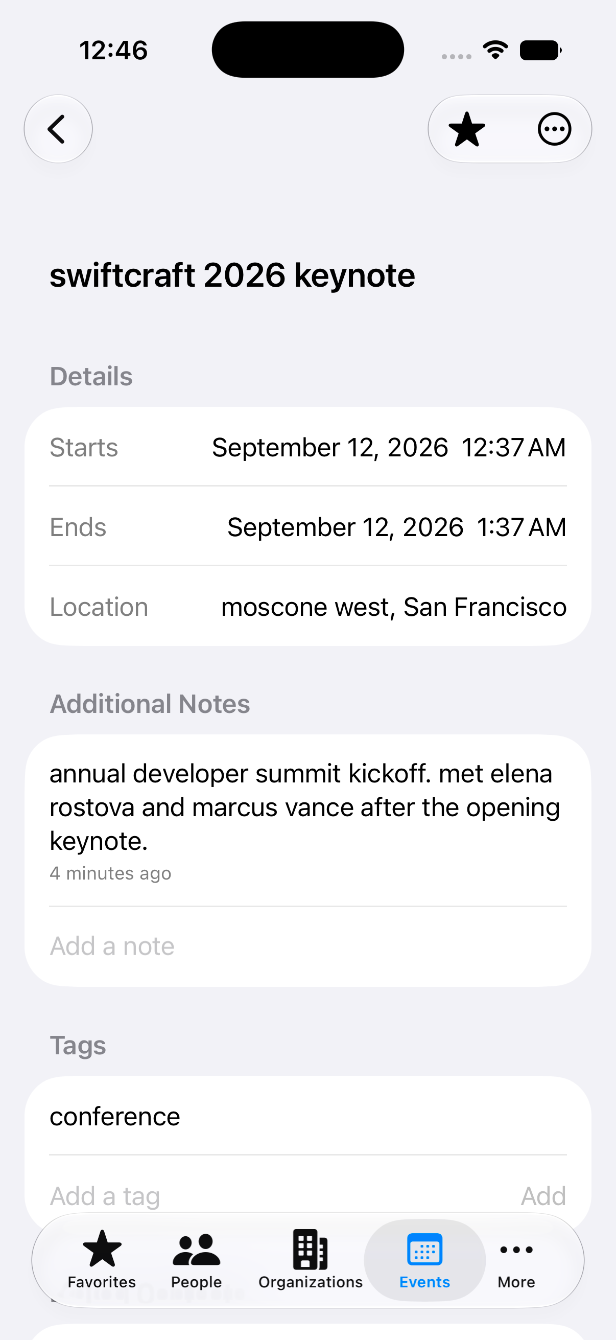 An event in GuessWho with its date, venue, notes, and tag.