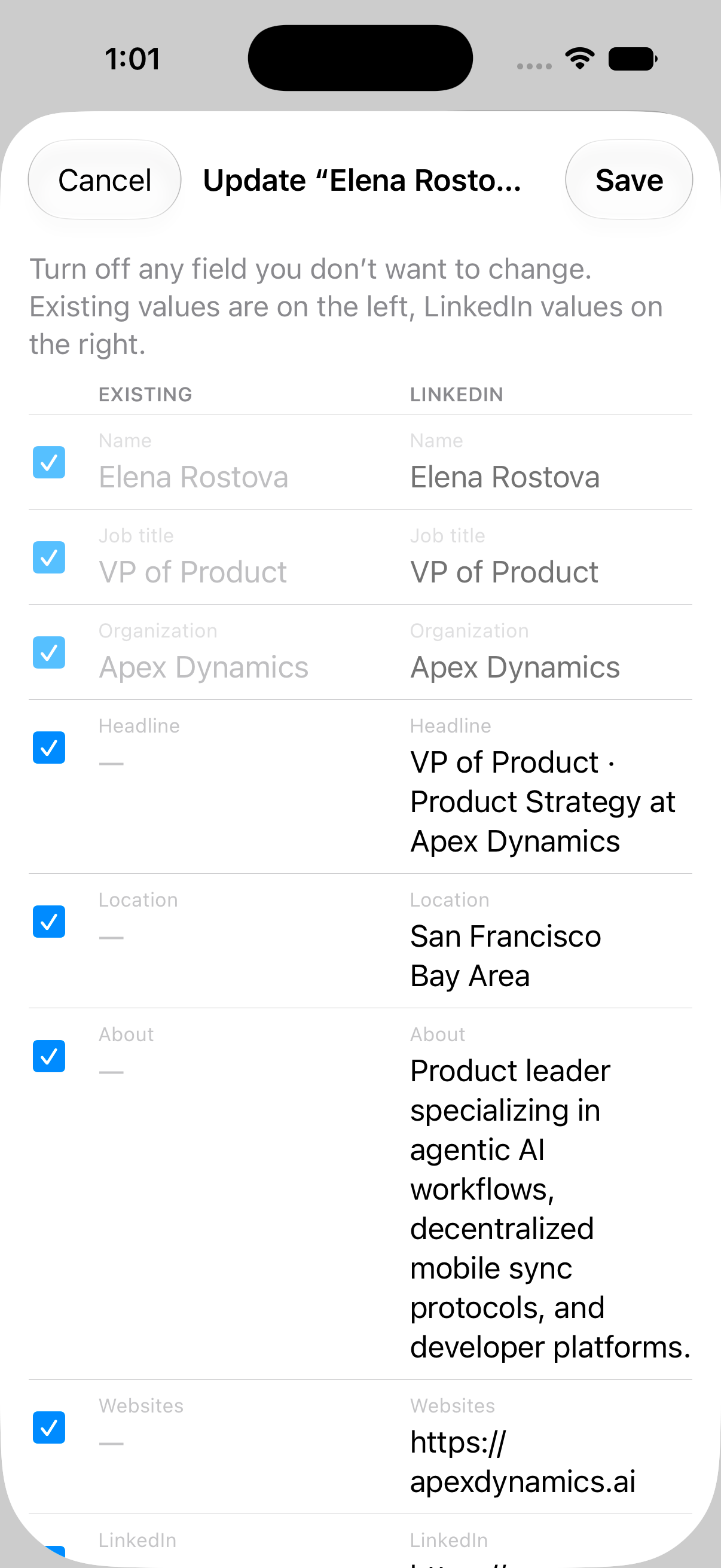GuessWho's import review sheet: existing values on the left, LinkedIn values on the right, with a checkbox on each field.