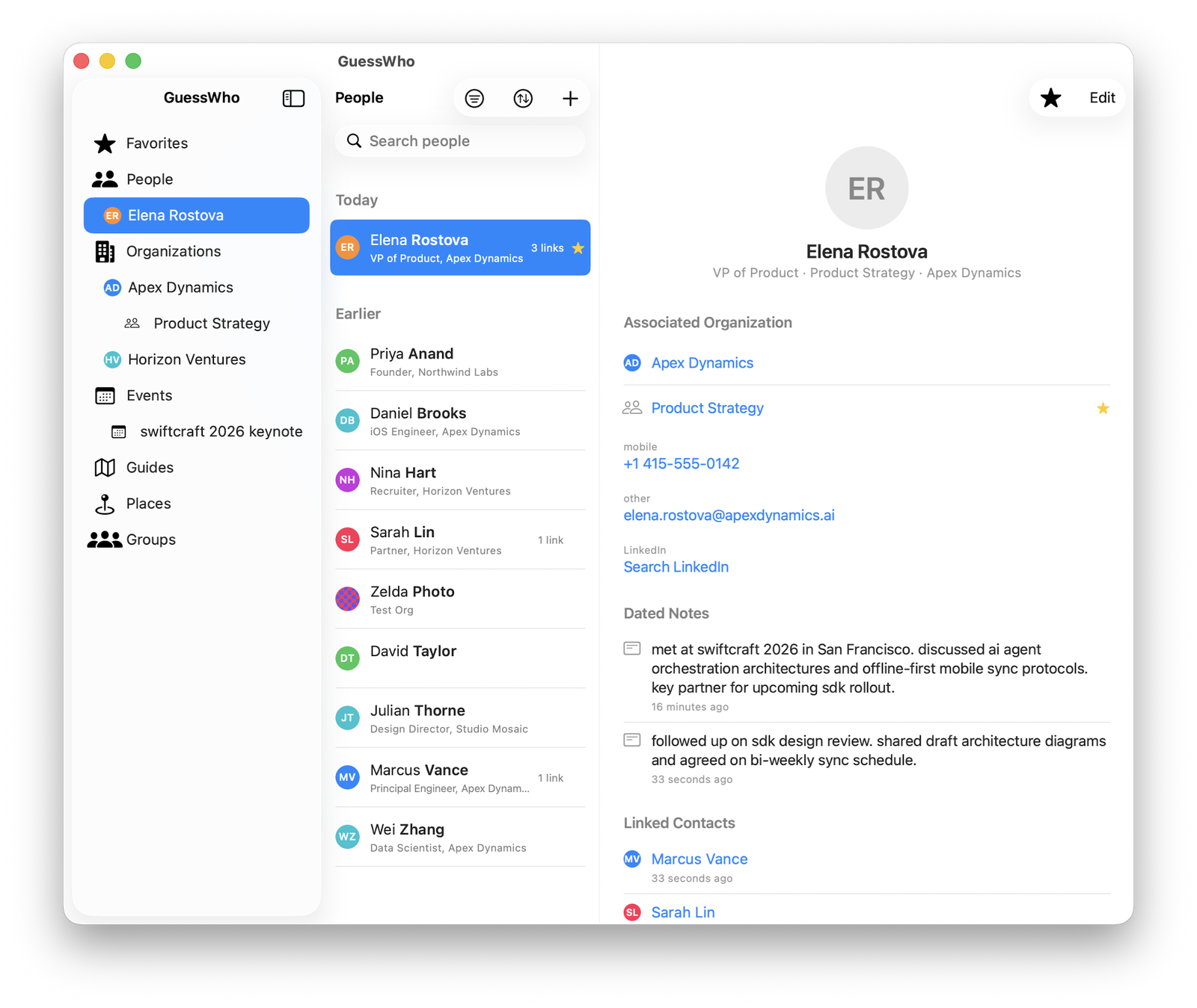 GuessWho for Mac showing a contact and the context connected to them: their organization, dated notes, and linked people.