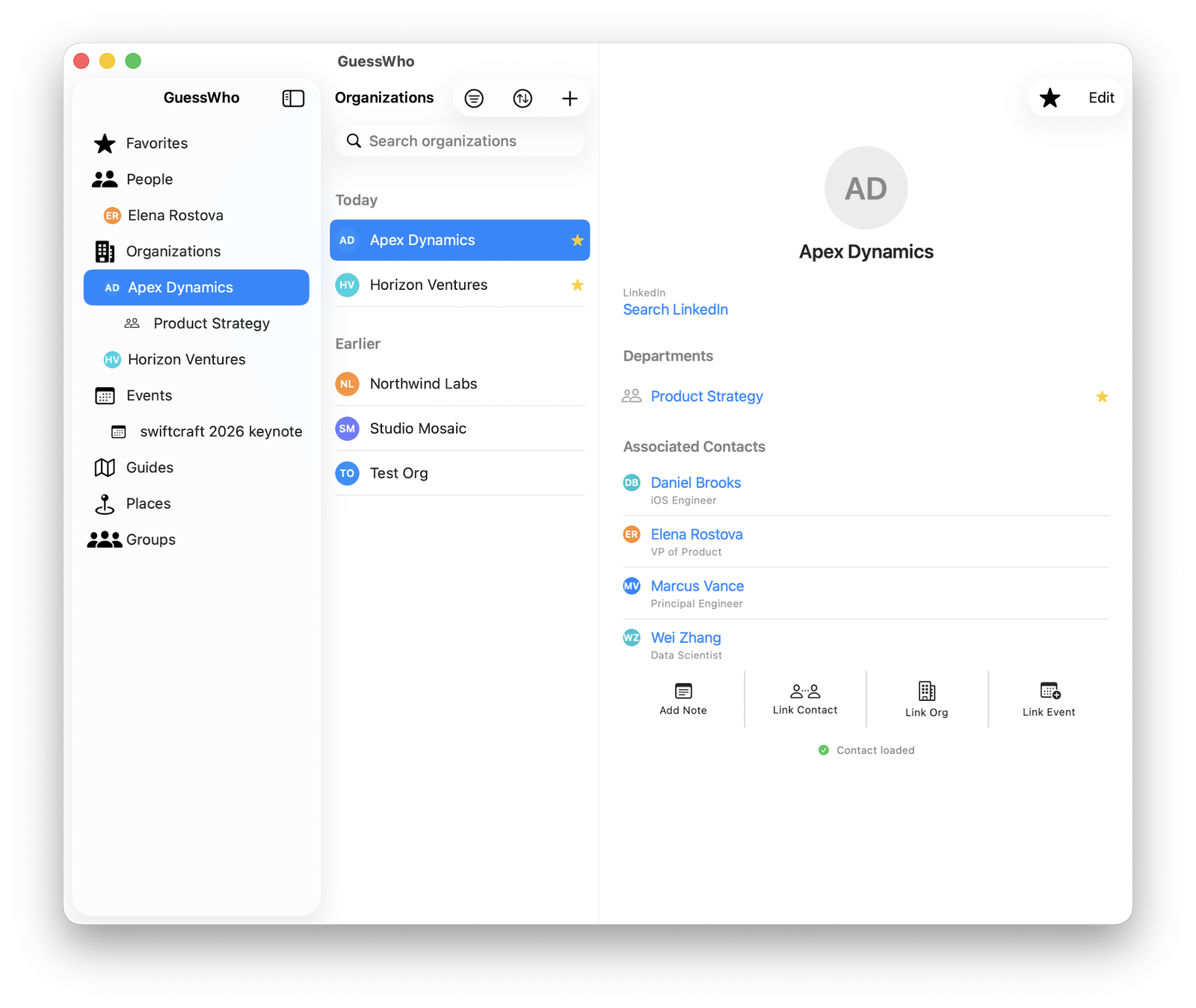 GuessWho for Mac showing the Organizations view: the sidebar, a list of companies, and a company's departments and people side by side.