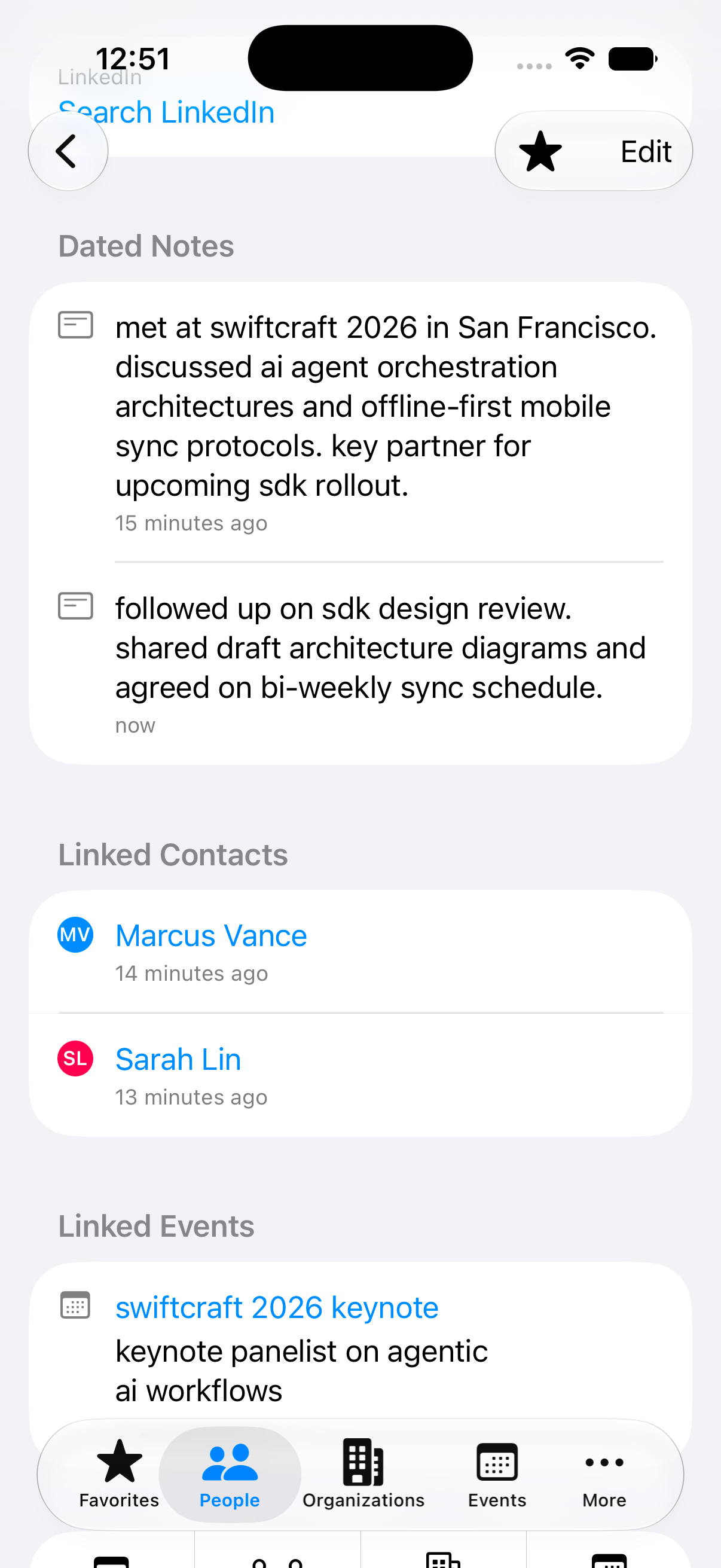 A contact's dated notes, linked people, and linked events in GuessWho.
