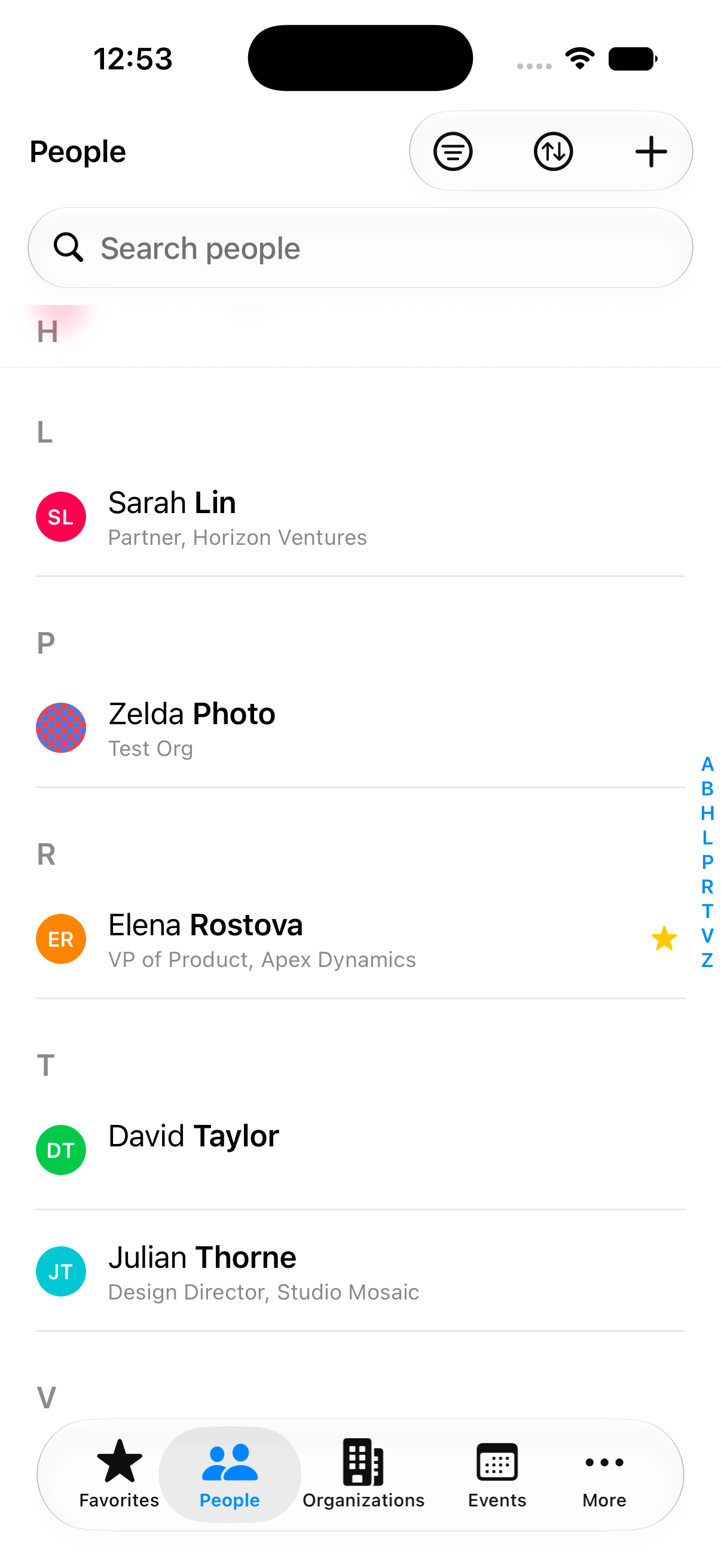 The GuessWho people list grouped alphabetically with roles and companies.